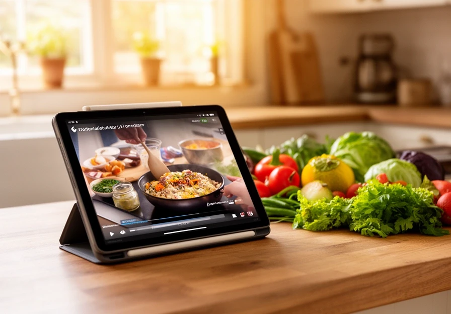 Tablet z kursem kulinarnym na blacie kuchennym